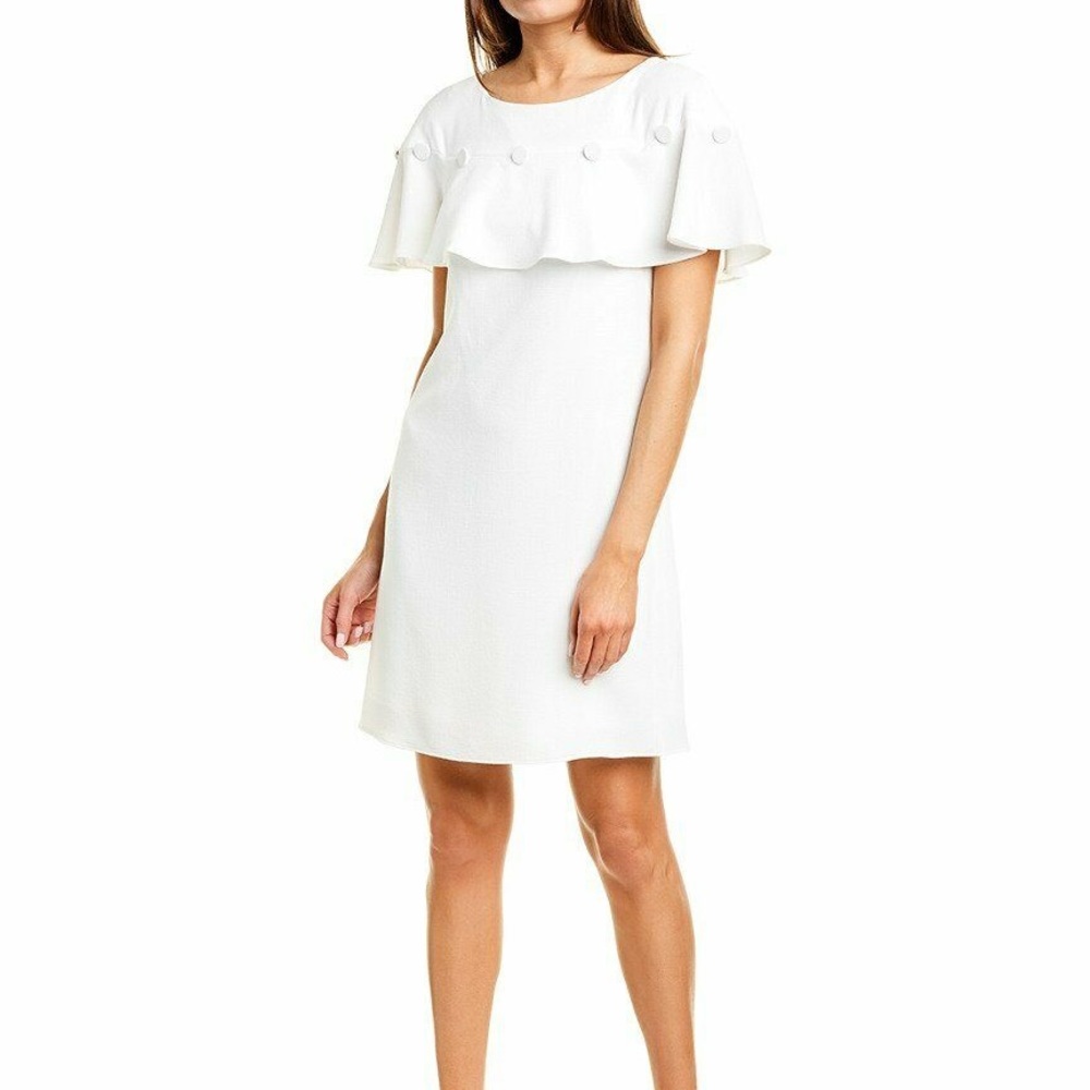 Adrianna Papell button ruffle shift dress ivory cape‎ sleeves